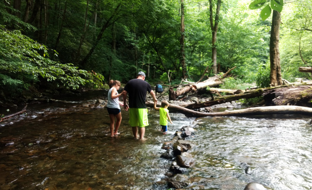 Familia cruzando el arroyo del río | Bloques de habitaciones en Wild Bear Inn