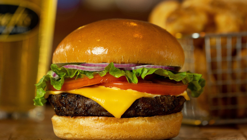 burger with fries and beer