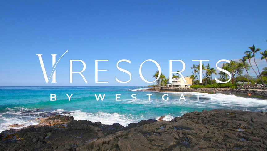 Logo over Hawaii Beach Resort Image Ocean Waves - VI Resorts by Westgate