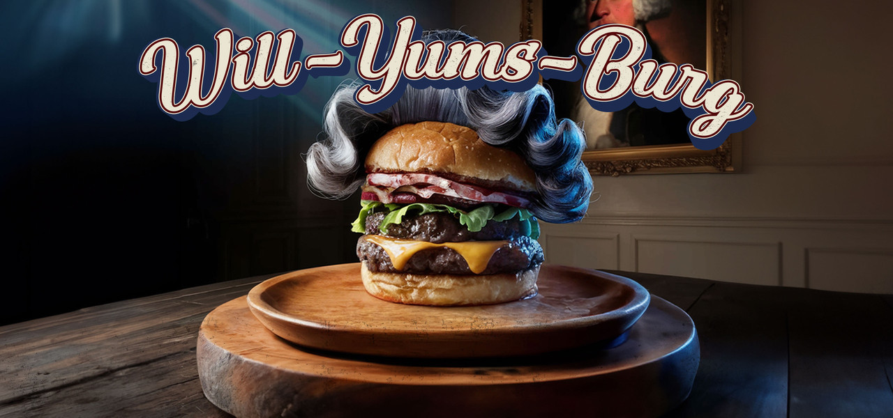 Best Destination for Foodies | Picture of an AI generated burger wearing a George Washington wig with a picture of George Washington framed in the background | Westgate Historic Williamsburg Resort