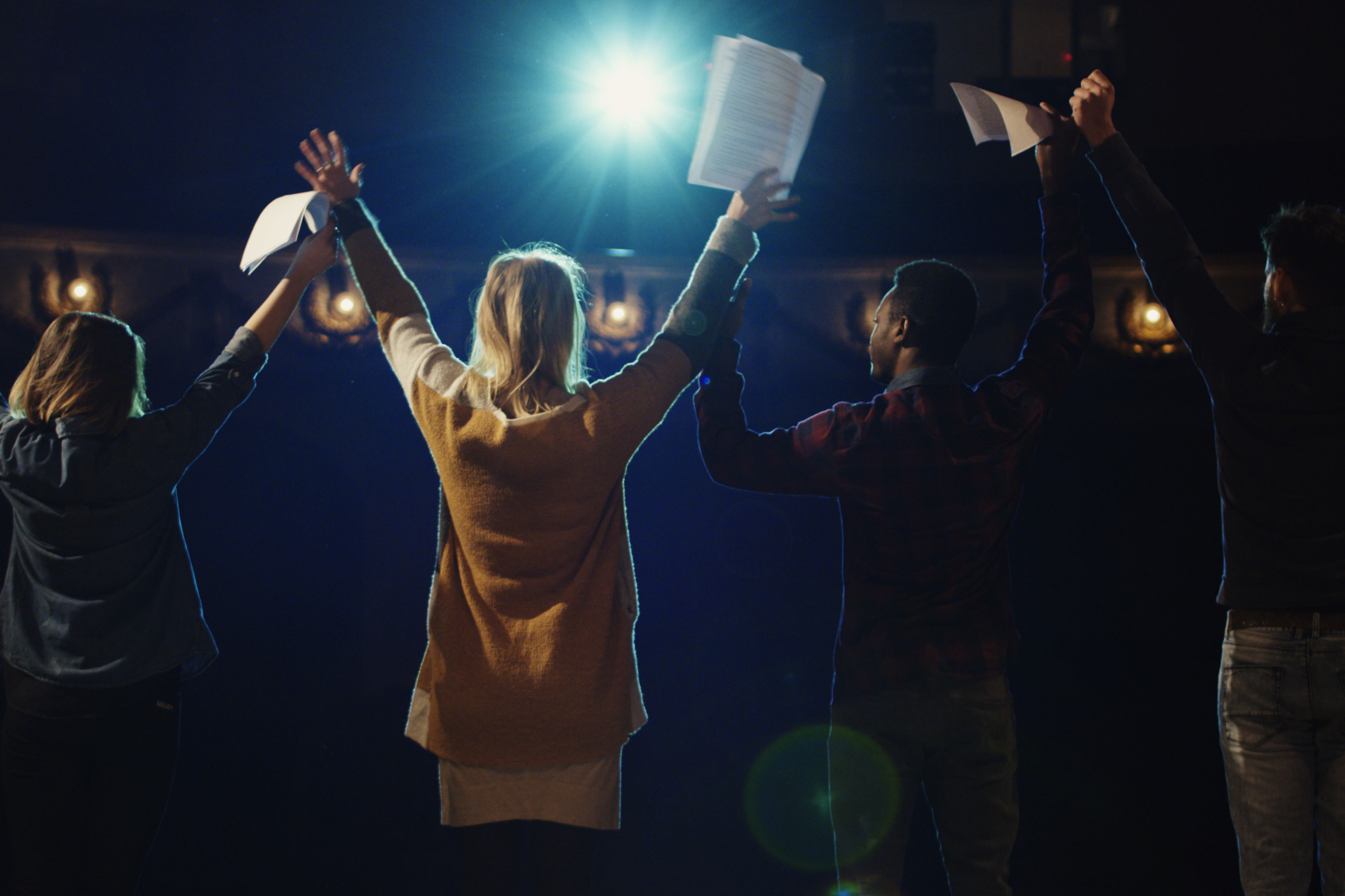 actors on stage with scripts - westgate new york grand central