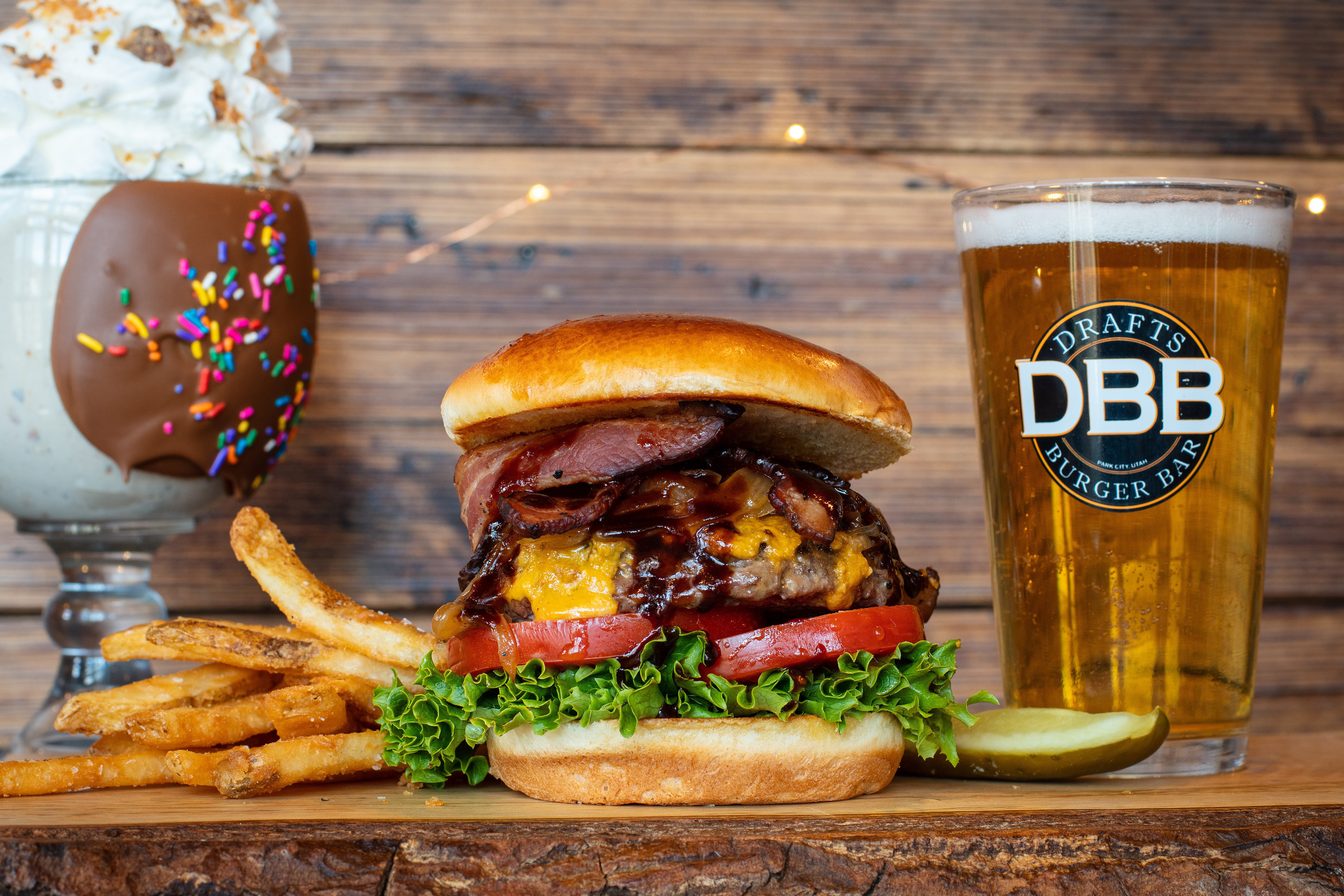 Drafts Burger milkshae and beer