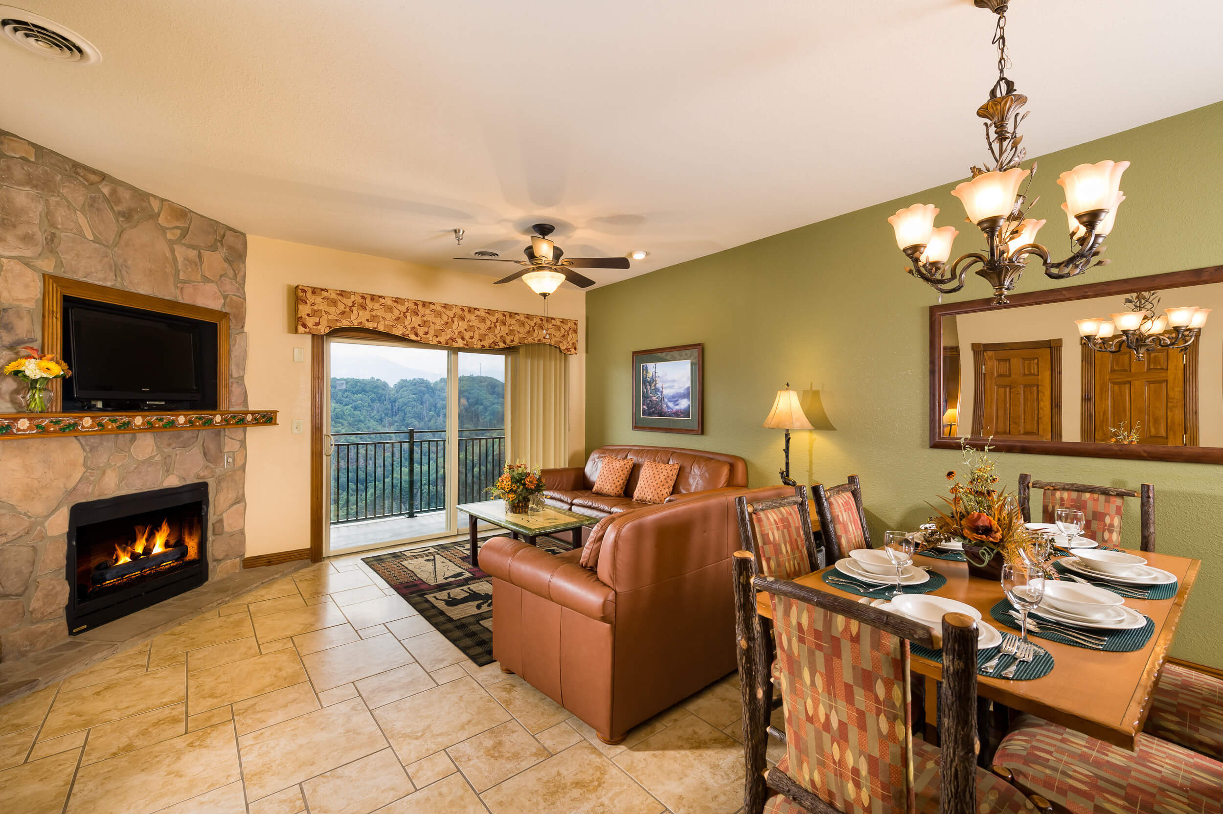 Living/Dining Area with Flat-Screen TV and Fireplace | Westgate Smoky Mountain Resort & Spa